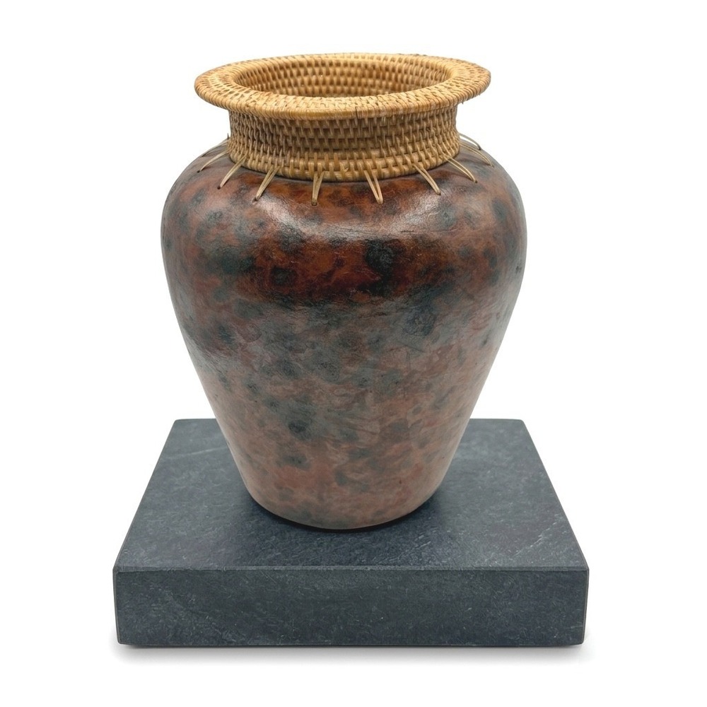 Artisan Hand-Woven Rattan Gourd Jar Large Mottled Folk Art Organic Tribal Vase